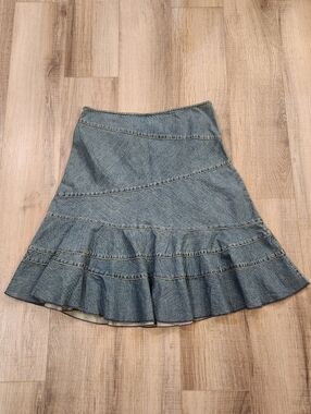 Y2K 90's DKNY Jeans Denim Ruffle Panel Skirt Size 12 Blue Tiered A-Line Cotton